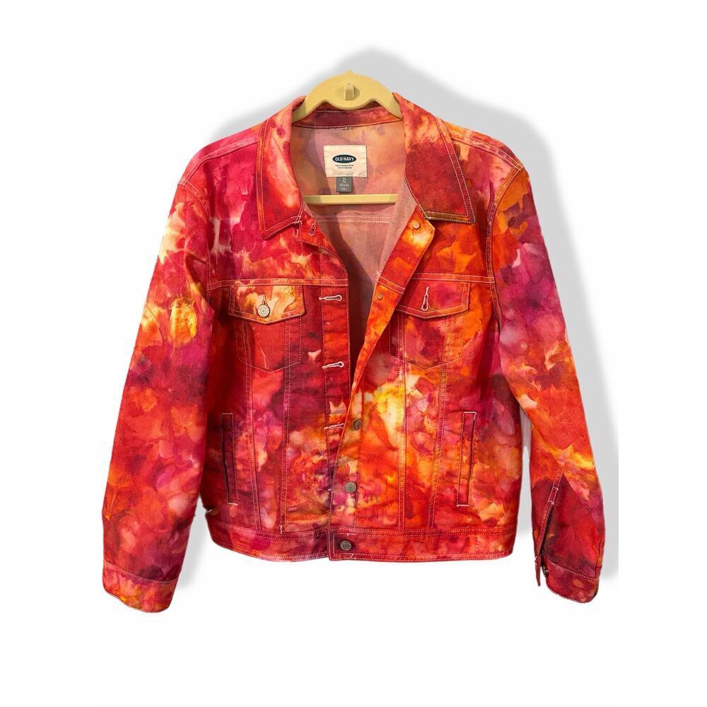 Hand tie dyed ice dyed jean jacket red pink orange yellow gold XL